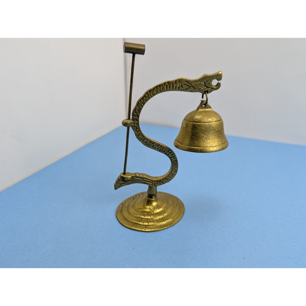 Vintage Brass Tabletop Chinese Dragon Snake Bell Gong with Mallet Hammer